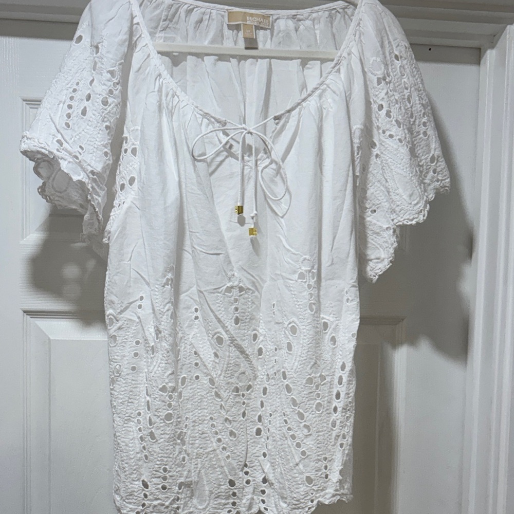 MICHAEL Michael Kors White Eyelet Tie Front Cotton Peasant Top